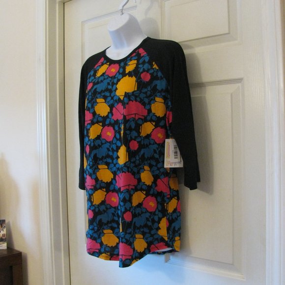 * 2/$15 LuLaRoe Randy Top Large NWT $35 Black Sleeves Colorful Flowers - Picture 4 of 4